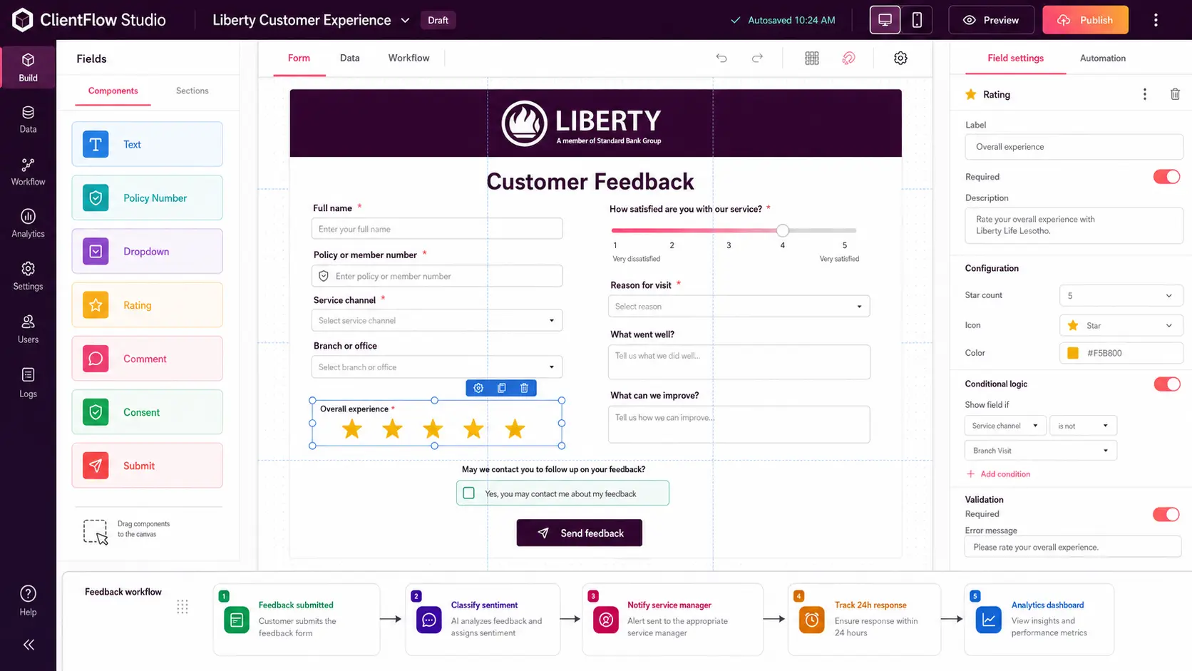 ClientFlow Studio configuring a Liberty customer feedback application